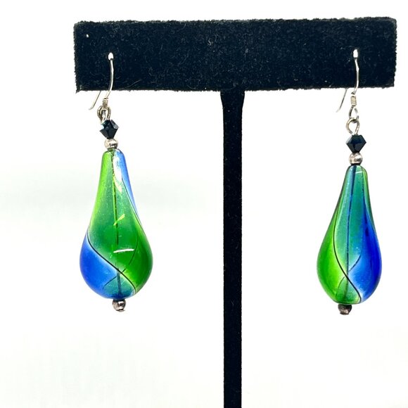 vintage Jewelry - GREEN BLUE ART GLASS DROP EARRINGS STERLING 925 HOOKS HANDMADE MURANO STYLE